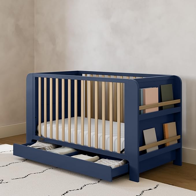 Graco Read-with-Me 4-in-1 Convertible Crib with Drawer (Midnight Blue with Driftwood) - GREENGUARD Gold Certified Converts to Toddler Bed, Daybed, and Functional Bookshelves
