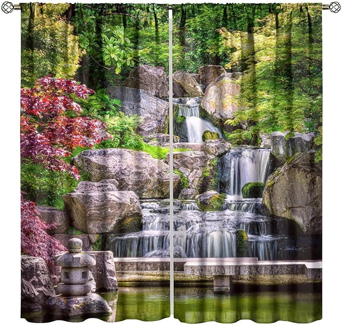 View Waterfall Blackout Curtains, Forest Waterfall Retro Style Natural Scenery Garden Art Landscape Rod Pocket Window Drapes, for Living Room Bedroom 84" W X 84" L