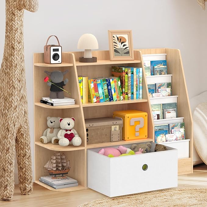 Kids Bookshelf and Toy Storage,4 Tier Wooden Kids Book Shelf,Large Childrens Bookshelf with Drawers,Open Bookcase & Storage Organizer Boxes for Nursery,Playroom, Bedroom,Burlywood