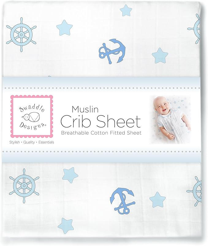 SwaddleDesigns Softest Cotton Muslin Fitted Crib Sheet/Toddler Sheet for Baby Boy & Girl, Pastel Blue Ahoy!