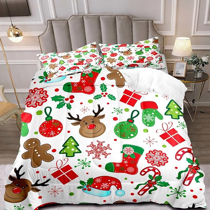 LUVIVIHOME 2PCS Christmas Comforter Set Twin Size, Boys Girls Kids Bedding, Cute Reindeer Snowflake Gingerbread Candy Cane Snowflake Holiday Christmas Bedding, Green Red White Quilt, 1 Pillow Sham