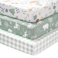 Baby Mini Crib Sheets Boy, Portable 38”x26” Pack and Play Sheets Fitted for Playard and Pack N Play Mattress, 3-Pack Soft Microfiber Green Forest Bear