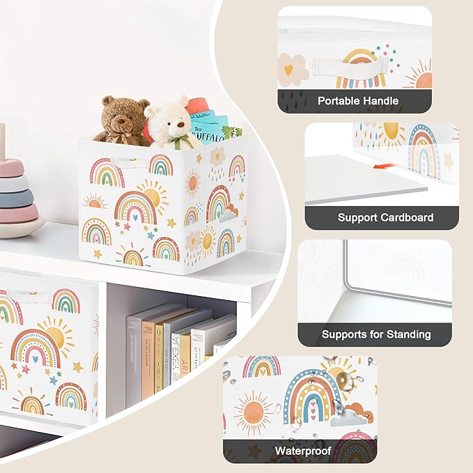 Clastyle Rainbow Kids Storage Cube Organizer Set Boho Closet Clothes Cube Storage Bin Nursery Toddler Toy Box Chest Boys Girls Book Shelf Basket,Sun,11.8x11.8x11.8 in