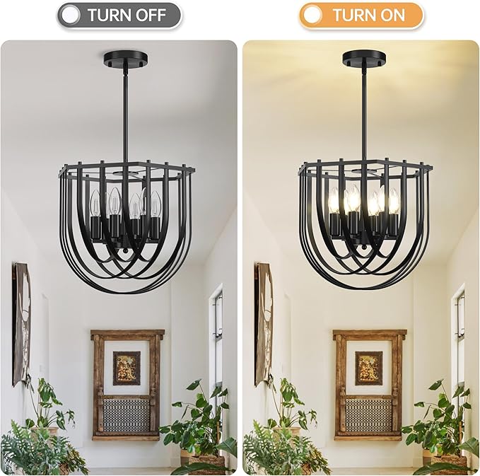 WJShome 6-Light Modern Farmhouse Chandelier, Black Dining Room Light Fixture, Hanging Pendant Lights Kitchen Island, Foyer Lighting Fixtures with Metal Frame, for Living Room, Bedroom, Entryway