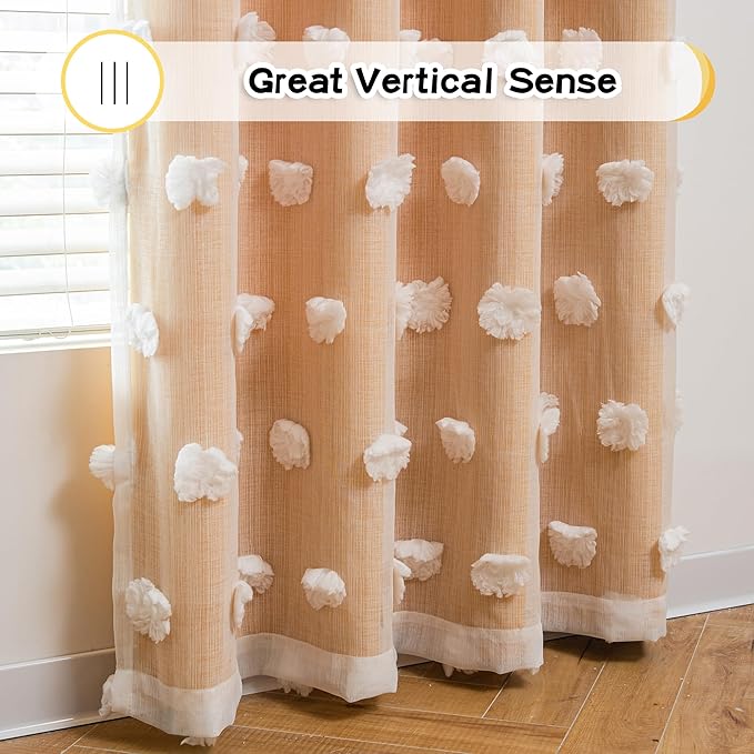 MYSKY HOME Yellow Curtains for Living Room Nursery Curtains 84 Inch Long Double Layer Curtains for Kids Room White Pom Pom Sheer Blackout Grommet Room Darkening Window Curtains 2 Panels Set 52" x 84"