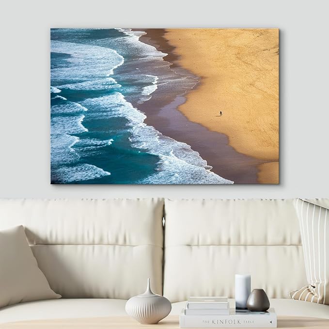 SIGNWIN Canvas Wall Art Serene Ocean Shoreline Aerial Beach View with Rolling Waves and Lone Surfer Photography Modern Art Rustic Landscape Relax/Calm for Living Room, Bedroom - 12"x18"