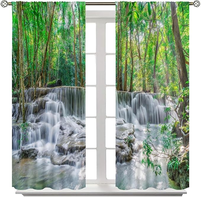 Forest Waterfall Blackout Curtains, Scene Nature Theme Mountain Stream Scenery Print Window Drapes, for Bedroom Living Room 63" W X 63" L