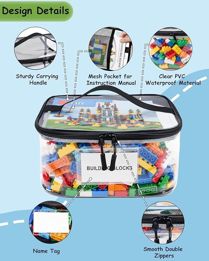 6 Pack Clear Toy Storage Bags with Tag and Manual Pocket – Versatile Waterproof Organizer Bags for Lego Bricks, Board Games, Building Blocks, Puzzles, Dolls, Books (Large Size, Black)