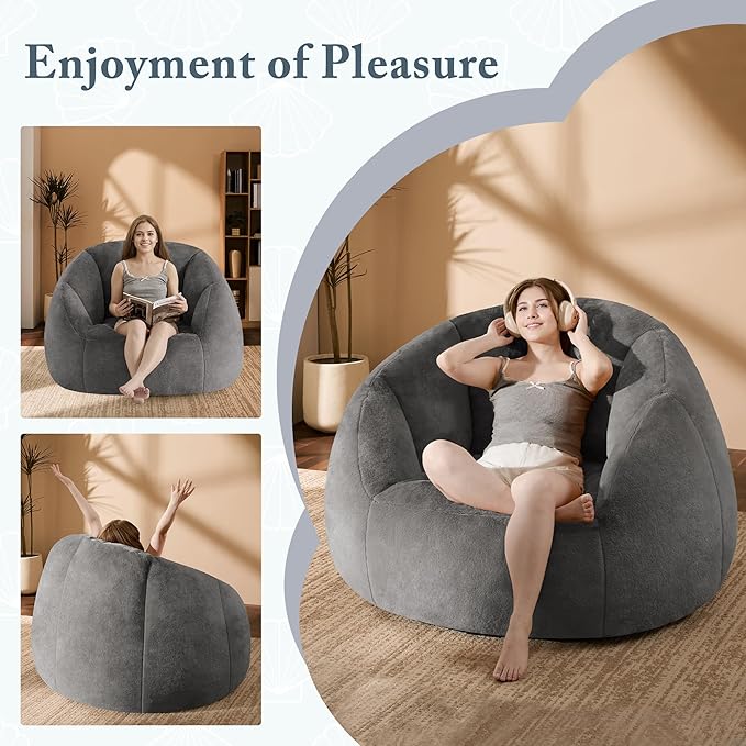 Giant Bean Bag Chaise Lounge Indoor Chair for Adults with Ottoman - Comfy Plush Round Shell Soft Accent Chair, Oversized Cozy Floor Sofa for Living Room, Dorm & Game Rooms, Gray