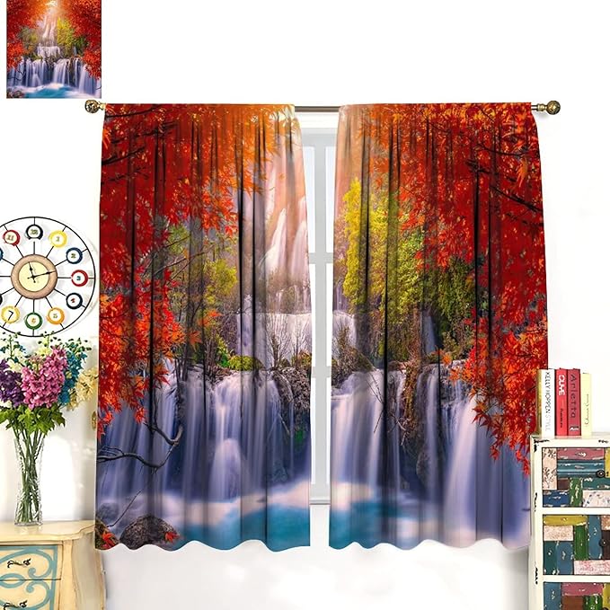 Forest Waterfall Blackout Windows Curtains, Autumn Red Green Maple Leaves Jungle Rainforest Natural Scenery Landscape Curtains, for Living Room Bedroom 55x63in 2 Panels