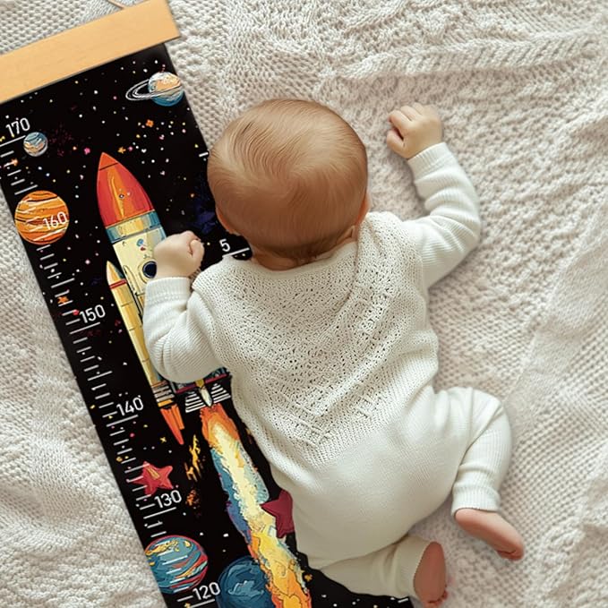 Personalized Name Kids Growth Chart, Watercolor Animal Canvas Baby Height Growth Chart Wall Decor for Baby Kids Toddlers (Rocket)