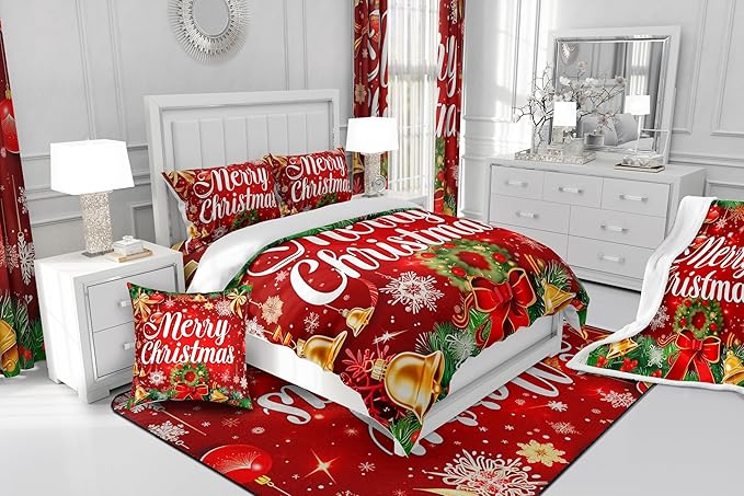 Christmas Wreath Bedding Set Full Size,Red Bowkont Gold Bell Comforter Set for Kids Boys Girls Room Decor,Snowflake Merry Christmas Duvet Insert 3Pcs,Green Leaves Xmas Theme Quilt Set,2 Pillowcases