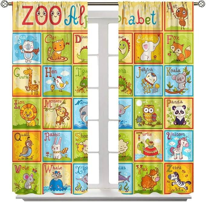 Alphabet Curtains Kids Educational Learning Tool Baby Cartoon Animals Colorful Curtain with Rod Pocket for Bedroom Living Room Decor Drapes Window Treatments 2 Panels Set 55" W X 63" L