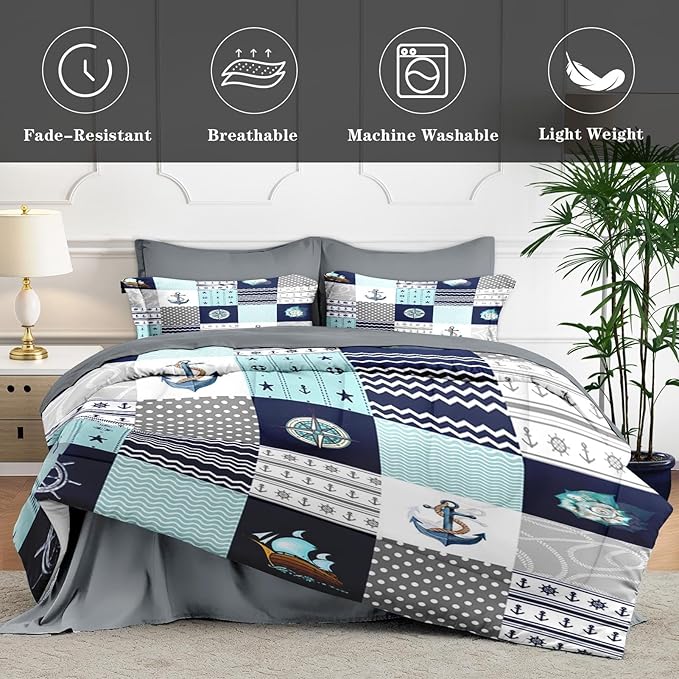 7 Pcs King Size Comforter Set with 2 Pillowcases & 2 Shams, Nautical Blue Marine Summer Bedding for Kids and Adults, Sea Ocean Boat Plaid Bed in a Bag with Flat Fitted Sheet
