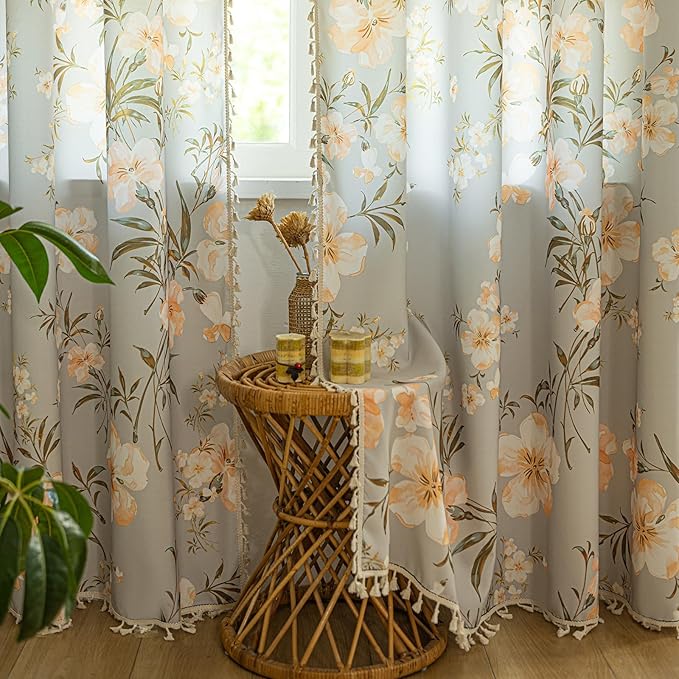 ENJOYBRIDAL Floral Curtains 96 Inches Long Living Room Bedroom Drapes Boho Dining Room Semi Sheer Farmhouse Window Curtains 2 Panels Cottage Core Cute Rod Pocket Window Treatments