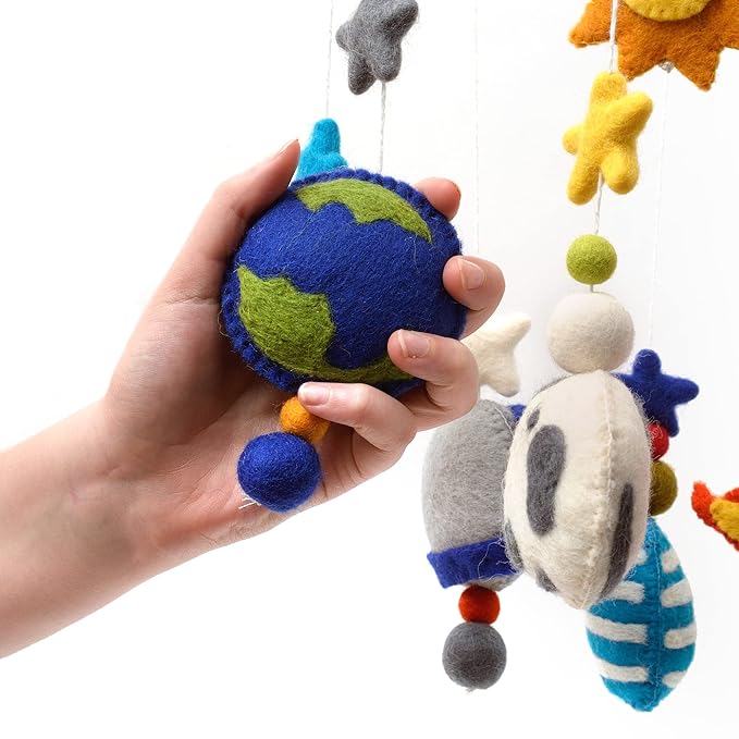 Glaciart One Space Nursery Mobile - Colorful Decor for Crib, Baby Rooms - Handmade, Child-Safe Wood, Felt Wool & Cotton - Solar System Decoration for Girls & Boys - 10x24Inch, 50Inch Hanging String