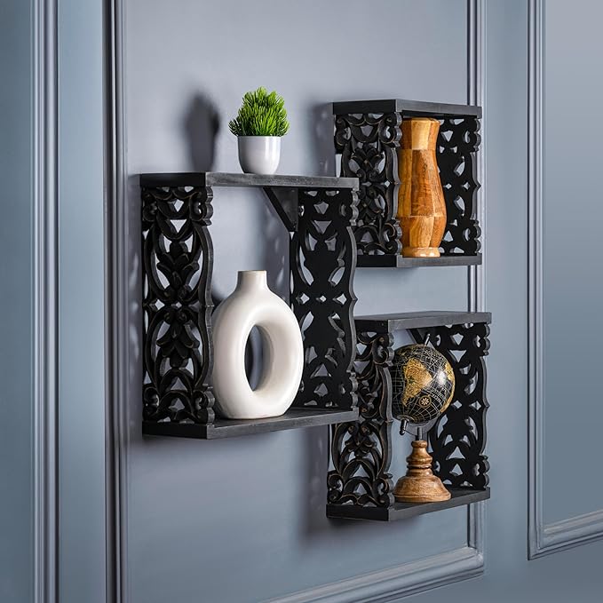 JFY Designs Marina Carved Floating Wall Shelves for Bedroom, Living Room, Bathroom & Kitchen | Wall Mount Display Wall Shelf | Cube Storage – Wood Set of 3 14"x14", 12"x12", 10"x10" | Black