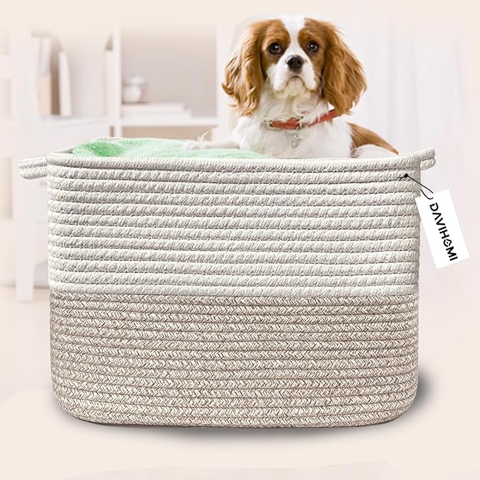Square Woven Cotton Rope Basket for Organizing, Gift Baskets for Handles, Empty Gift Baskets, Toy Basket for bins|13.5" x 11" x 9.5" home decor for Living Room, Bathroom（White Brown）