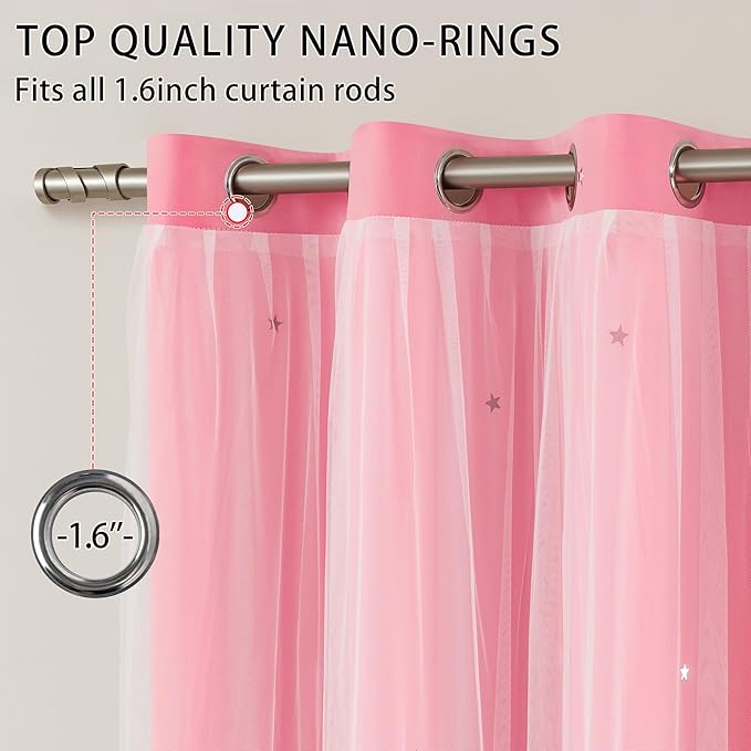 XiDi Pink Curtains with Sheer Overlay for Girls Bedroom 2 Panels Blackout Double Layer Curtains 54 Inches Length for Kids Princess Nursery Room Star Cut Out Grommet Small Window Drapes W34 X L54