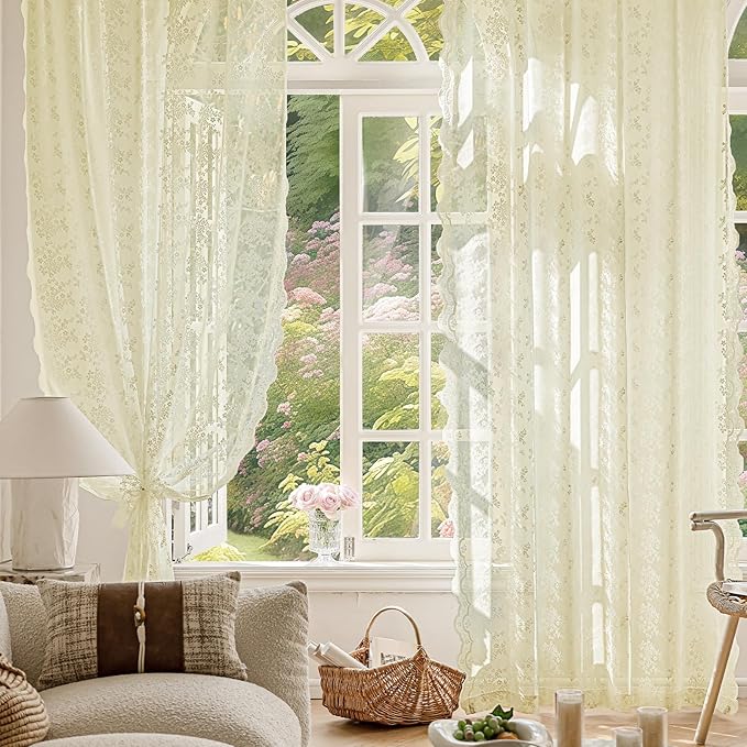 Anmao Vintage Lace Curtains 45 Inches Long 2 Panels Set, Romantic Elegant Light Filtering Semi Sheer Floral Thick Lacy Curtain Drapes for Living Room and Bedroom, Each Panel 55W x 45L, Cream Yellow