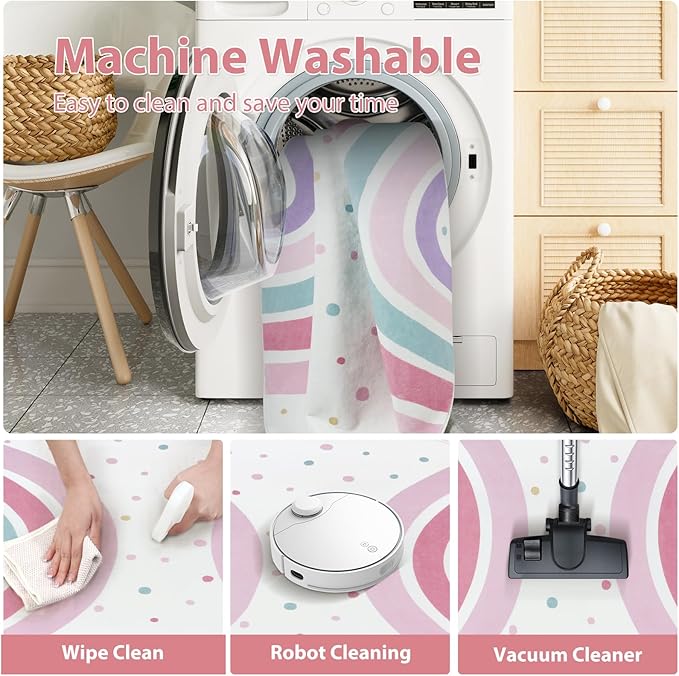 STARUIA Pink Round Rug for Nursery, 4 Ft Rainbow Washable Rug for Kids Room, Non-Slip Circle Rug Colorful Bedroom Carpet for Girls Princess Castle Playroom Classroom