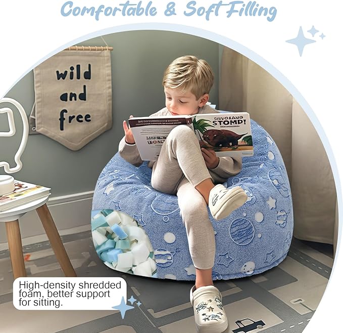 COMAX Bean Bag Chairs for Kids, Toddler BeanBag Sofa with Filler Bean Couch Stuffed for Boys and Girls, Lazy Floor Chair for Playroom, Nursery Room, Glowing Space