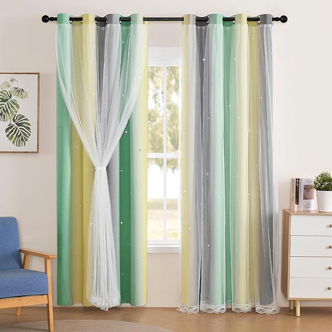 XiDi Girls Curtains for Bedroom 96 Inches Long 2 Panels Purple Blue Rainbow Blackout Curtains for Little Girl Kids Room Decor Living Room, Princess Unicorn Wall Decals Drapes 52x96