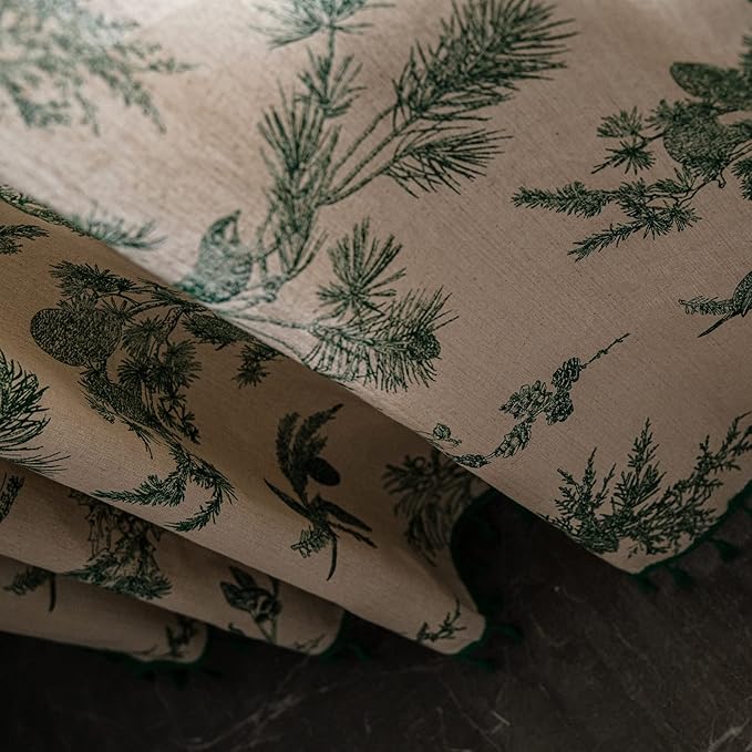 Boho Curtains with Tassel Bohemian Green Semi-Blackout Drapes 84 Inch Length Cotton Linen Farmhouse Window Curtain Panels Floral Pattern Rod Pocket Curtain for Living Room Bedroom, 2 Panel