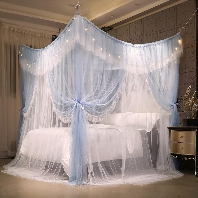 VETHIN 4 Corners Post Ruffle Princess Bed Canopy Curtain-Double Layer Cozy Drape Netting 4 Opening Mosquito Net for Girls Adults Bedroom Decoration (Gray/White,64" W*82" L*82"*H/Queen)