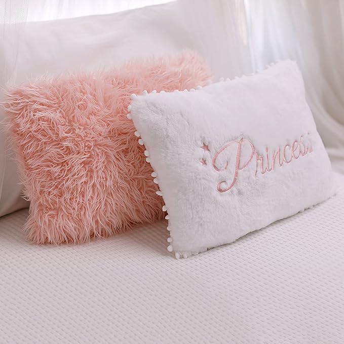 Perfectto Design Set of 2 Decorative Pillows for Toddler Kids Room. White Fluffy Princess Embroidered and Furry Pink Faux Fur Pillow. Soft and Plush Throw Pillows for Kid’s Bedroom Décor