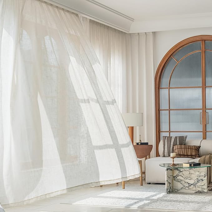 FMFUNCTEX Linen Semi Sheer Curtains for Bedroom, Natural Curtains 72 Inch Length for Living Room, Country Farmhouse Sheer Drapes, Light Filtering Window Curtain, Grommet Top 2 Panels
