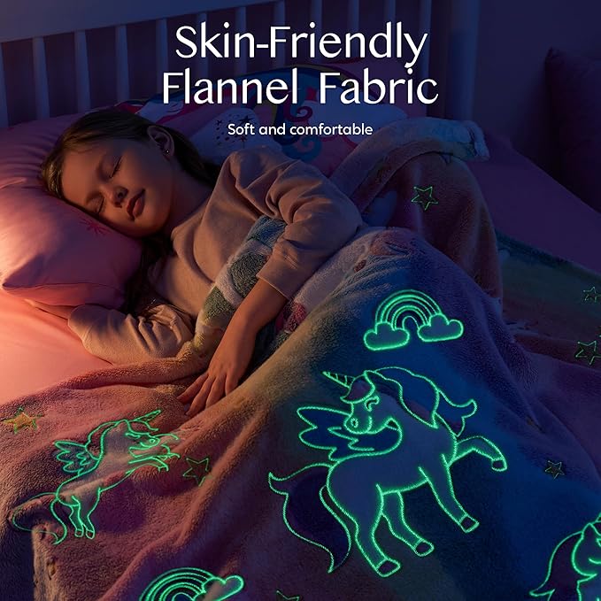 Joiedomi Glow in The Dark Blanket Unicorn Toys for Girls Age 2 3 4 5 6 7 8 9 10 11 12 Year Old Girl Gifts, Soft Cozy Flannel Kids Throw Blanket, Birthday Bedroom Decor 40"×60"
