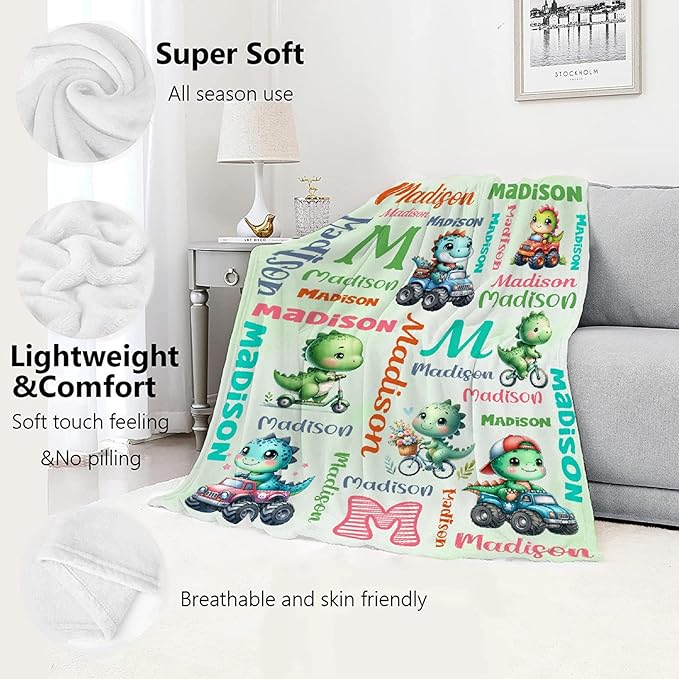 Personalized Dinosaur Truck Blanket Gifts for Girls Boys Women - Super Soft Cozy Warm Throw Sheet for Couch Bed Sofa Office Decor All Season 90"x120" for Whole Family