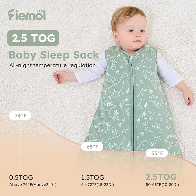 Baby Sleep Sack 12-18 Months, 2.5 TOG Cotton Winter Baby Wearable Blanket with 2-Way Zipper, Warm Soft Sleeping Bag for Toddler Boy Girl, Large Dinosaur