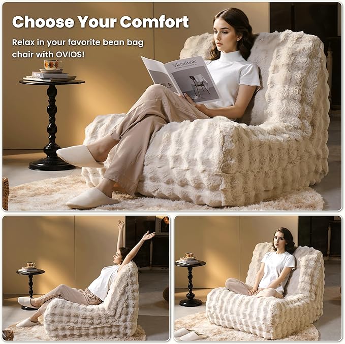 ovios Bean Bag Chair for Adult, Giant Beanbag with Plush Faux Fur, Comfy Large Big Lounger Floor Lazy Chair for Indoor Fireside Living Room Bedroom Dorm, Beige
