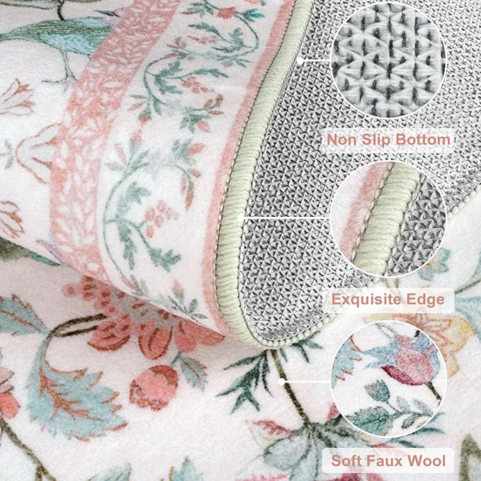 Washable Floral Area Rug, 3x5 Pink Indoor Entryway Rug Soft Non-Slip Botanical Kitchen Rugs, Ultra Thin Modern Flower Birds Throw Carpet for Living Room Bedroom Nursery Foyer