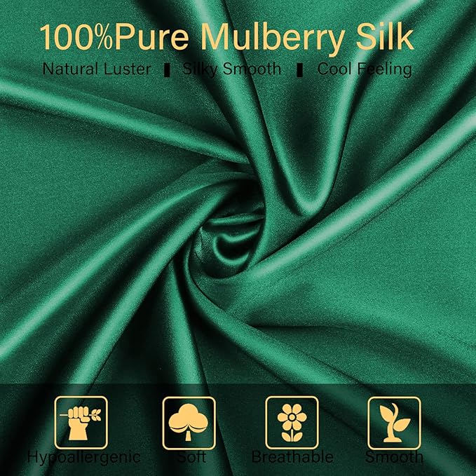 100% Mulberry Silk Pillowcase 2 Pack for Hair and Skin,with Hidden Zipper,Both Sides 22 Momme Natural Silk Pillow Cover,Soft Breathable & Smooth (Dark Green, Queen)