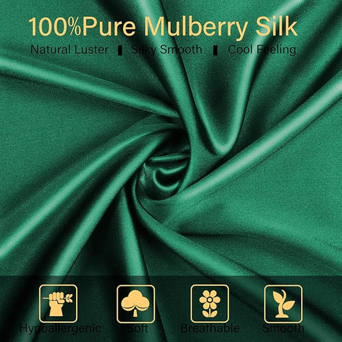 100% Mulberry Silk Pillowcase 2 Pack for Hair and Skin,with Hidden Zipper,Both Sides 22 Momme Natural Silk Pillow Cover,Soft Breathable & Smooth (Dark Green, Queen)