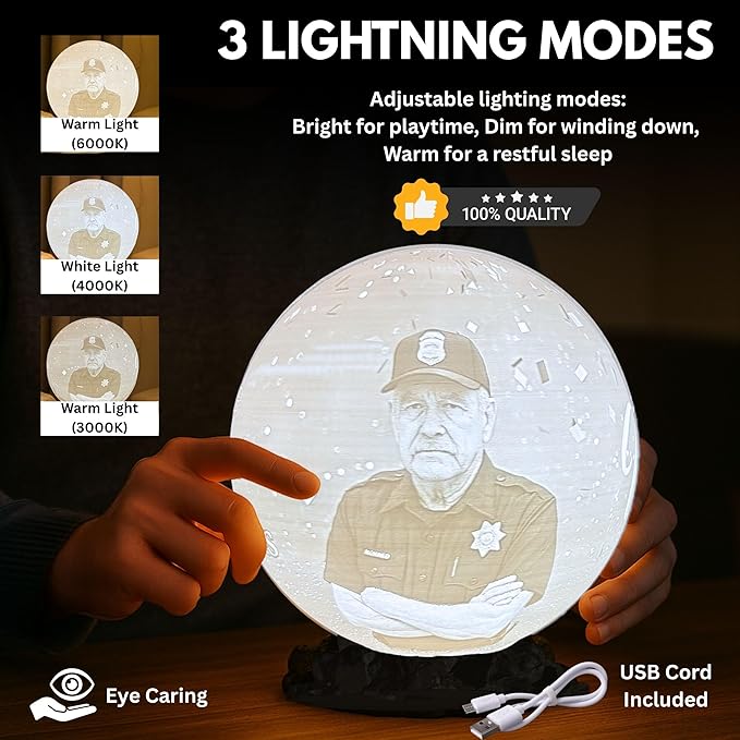Personalized Retirement Moon Lamp with Custom Photo & Text | 3D Printed LED Night Light | Police, Military, Veteran, Teacher, Nurse Retirement Gift | Custom Farewell Keepsake for Men & Women