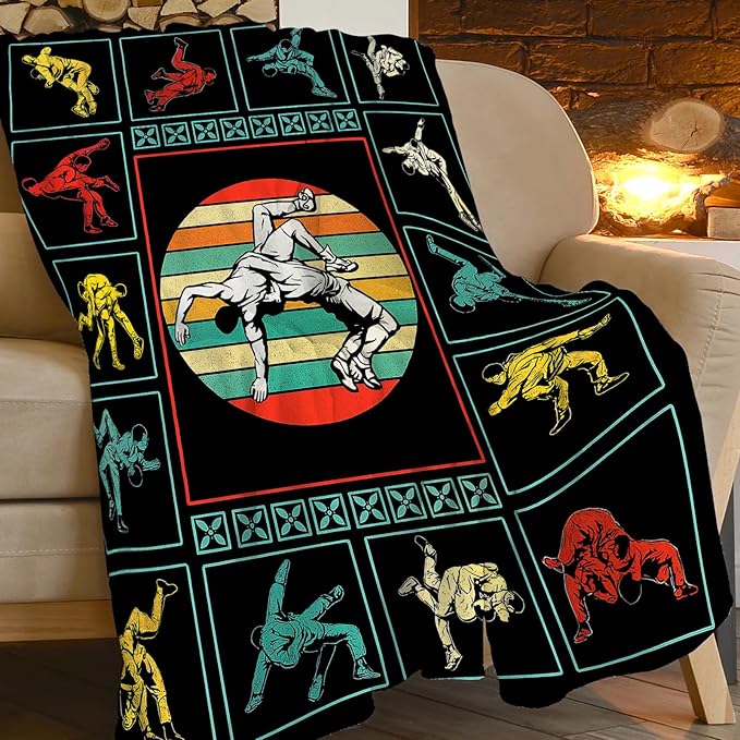 Wrestling Fleece Blanket Sports Wrestle Throw Blankets for Girls Boys Super Soft Warm Flannel Vintage Colorful Throws Gifts for Men Women Cozy Fuzzy Plush Stuffed Couch Bed Bedding Decor 80"x60"