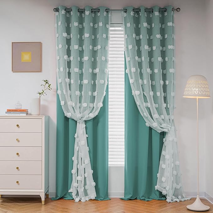 MYSKY HOME Teal Living Room Curtains Kids Curtains for Boys Bedroom 84 Inches Long Double Layer Curtains for Kids Room Darkening Grommet White Pom Pom Sheer Blackout Curtains 52 x 84 Inch 2 Panels