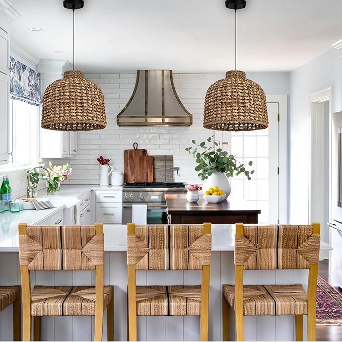 13.8in Rattan Lighting Wvoen Wicker Dome Pendant Lighting Rustic Chandelier for Kitchen Island, Coastal Ceiling Rattan Pendant Lights Ceiling for Living Room Dining Room Foyer Restaurant