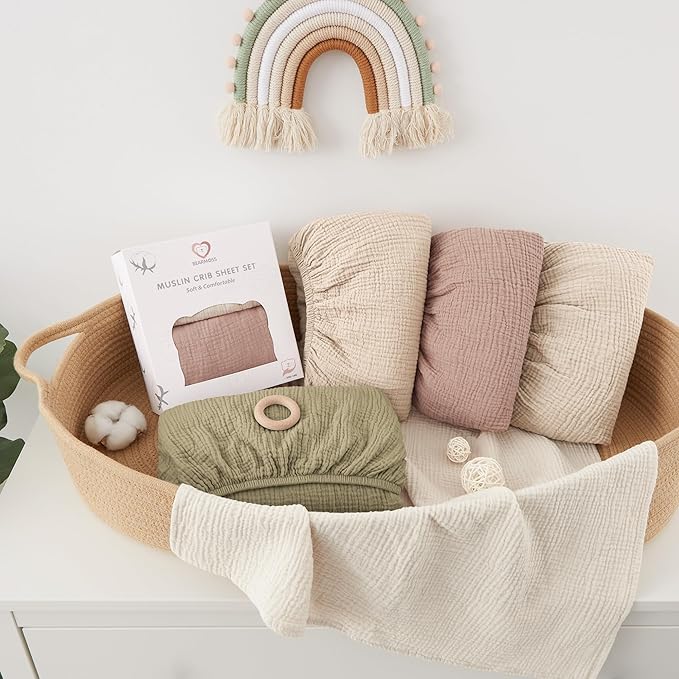 Bearmoss Muslin Mini Crib Sheets for Pack N Play Mattress - 100% Cotton - 38"x26" Soft Breathable Playard Baby Crib Sheets Neutral for Boys Girls - 2 Pack (Baby Face)
