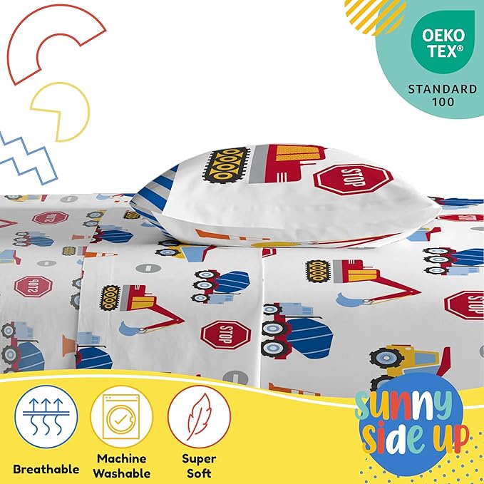 Sunny Side Up Construction Zone Twin Sheet Set - 3 Piece Kids Bedding Set Includes Pillow Cover - Super Soft Trucks Microfiber Sheets