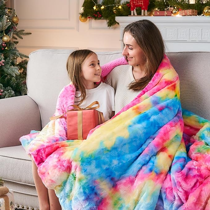 NEWCOSPLAY Super Soft Faux Fur Blanket Twin Size Dark Rainbow Sherpa Fuzzy Plush Warm Blanket for Sofa Bed (Dark Rainbow, Twin(60"x80"))