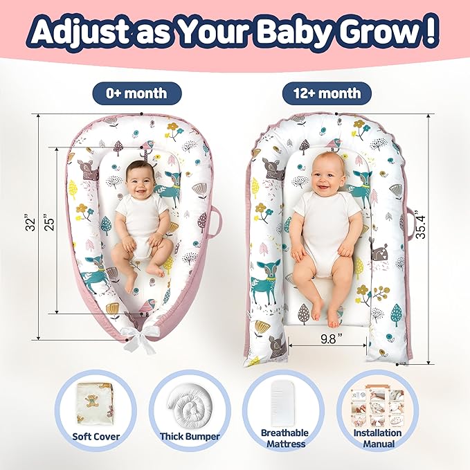 Baby Lounger for Newborn 0–24 Months, Baby Pillow & Baby Nest Lounger, Organic Cotton Breathable Infant Pillow, Portable Baby Nest for Home & Travel (Pink)