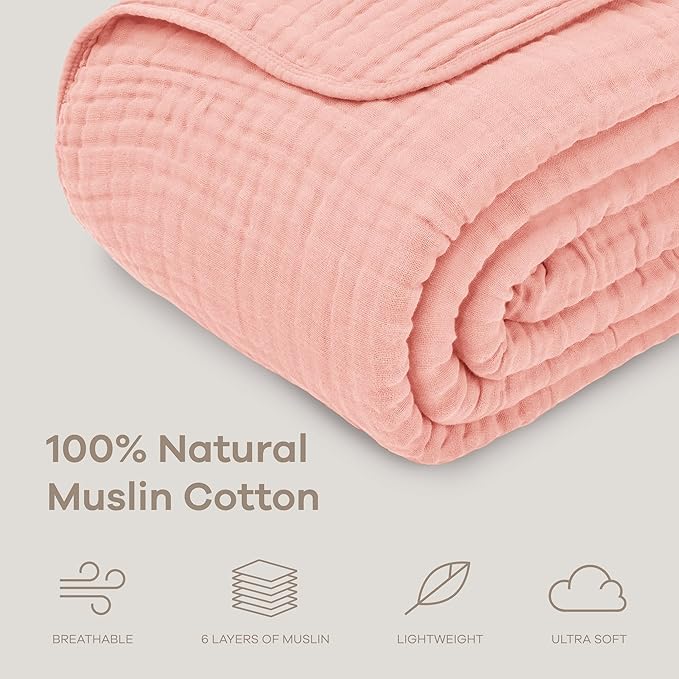 Comfy Cubs Muslin Throw Blanket - 50” x 60” Quilted Design - Lightweight, Breathable 6-Layer Gauze Fabric - Soft Cotton Blanket for Home or Travel - Packaged in Elegant Gift Box - Bold Blush