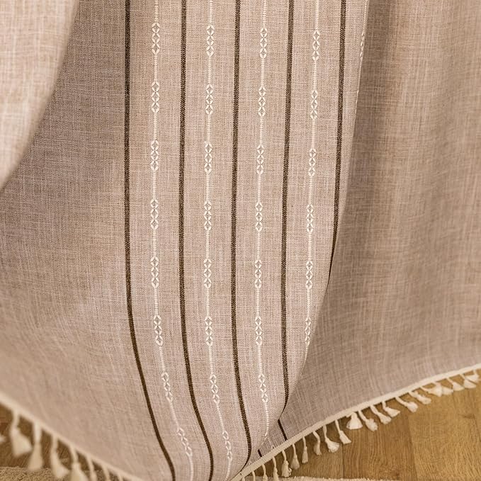 Deeprove Boho Style Curtains 84 inches Long, Vintage Bohemian Embroidery Striped Farmhouse Cotton Linen Fringe Window Treatments Bedroom Living Room Nursery, W52 x L84, 1 Panel Khaki and Brown