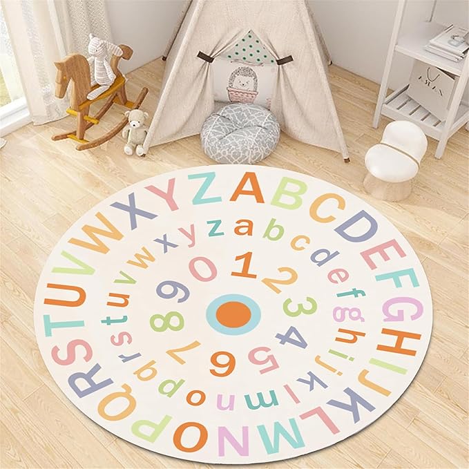 Children's Round Colorful ABC Rug,5ft,Soft Fluffy Alphabet Educational Rug, Non-Slip Washable Children's Crawling Game Rug Carpet for Boys Girls Bedroom Playroom Nursery Decoration