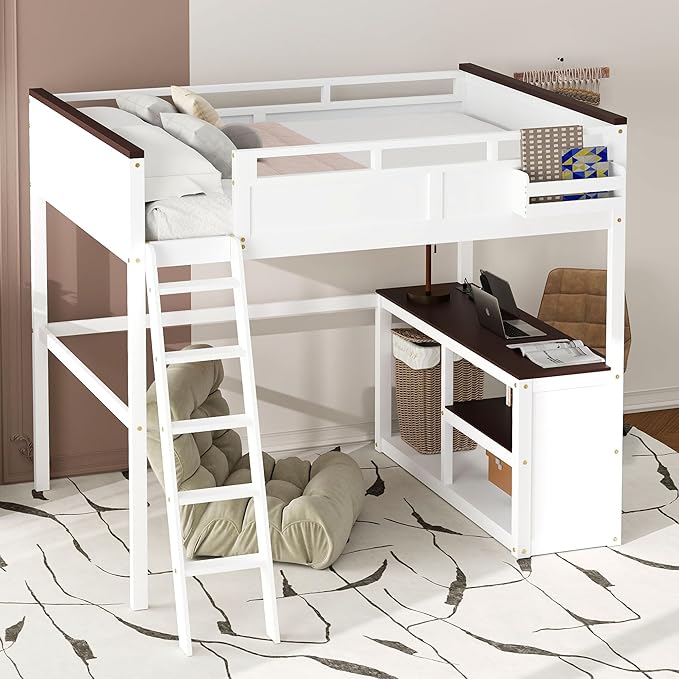 Bellemave Queen Loft Bed with Desk, Queen Size Loft Beds with Storage Shelves for Kids Adults Boys Girls Teens, White